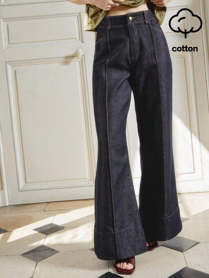 CM-BS339601 Women Casual Seoul Style Dark Wash Seam Front Detail High Waist Flare Denim Jeans
