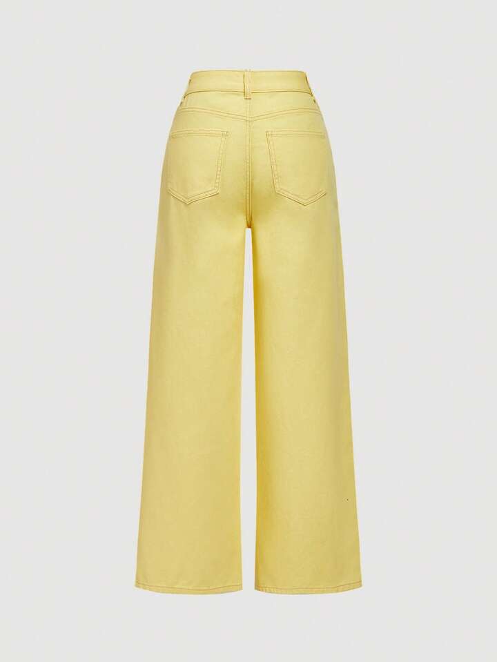 CM-BS414711 Women Casual Seoul Style Pearl Decor Pocket Wide Leg Loose Fit Jeans - Yellow
