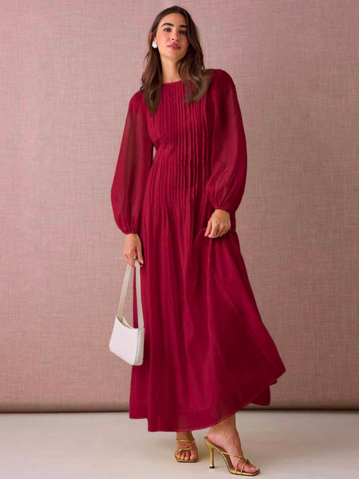 CM-DS919801 Women Elegant Seoul Style Round Neck Lantern Sleeve Pleated Design A-Line Maxi Dress - Burgundy