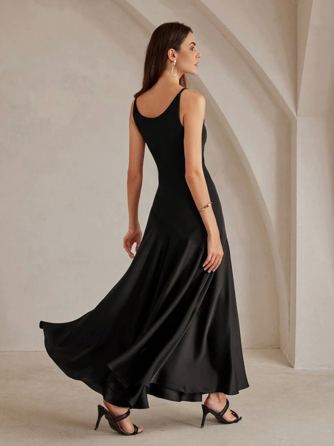CM-DS475985 Women Elegant Seoul Style Solid Color Minimalist Spaghetti Strap Maxi A-Line Dress - Black