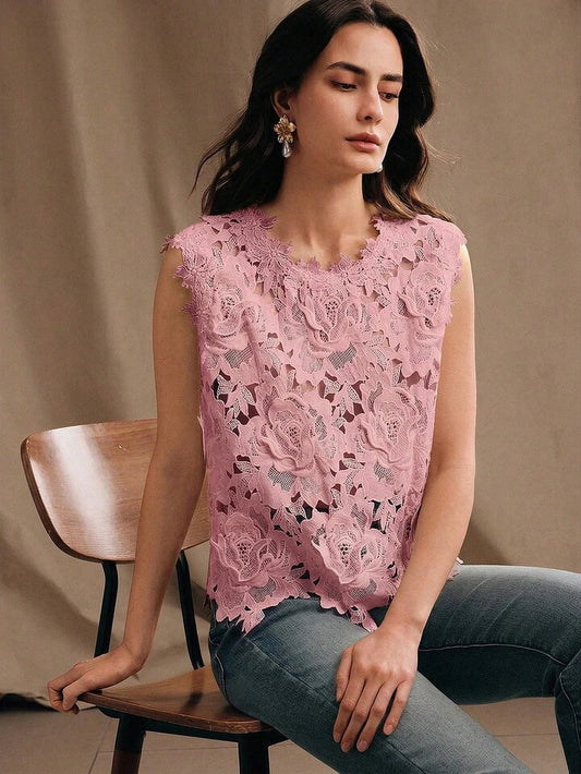 CM-TS375233 Women Elegant Seoul Style Round Neck Sleeveless Lace Embroidered Blouse - Pink