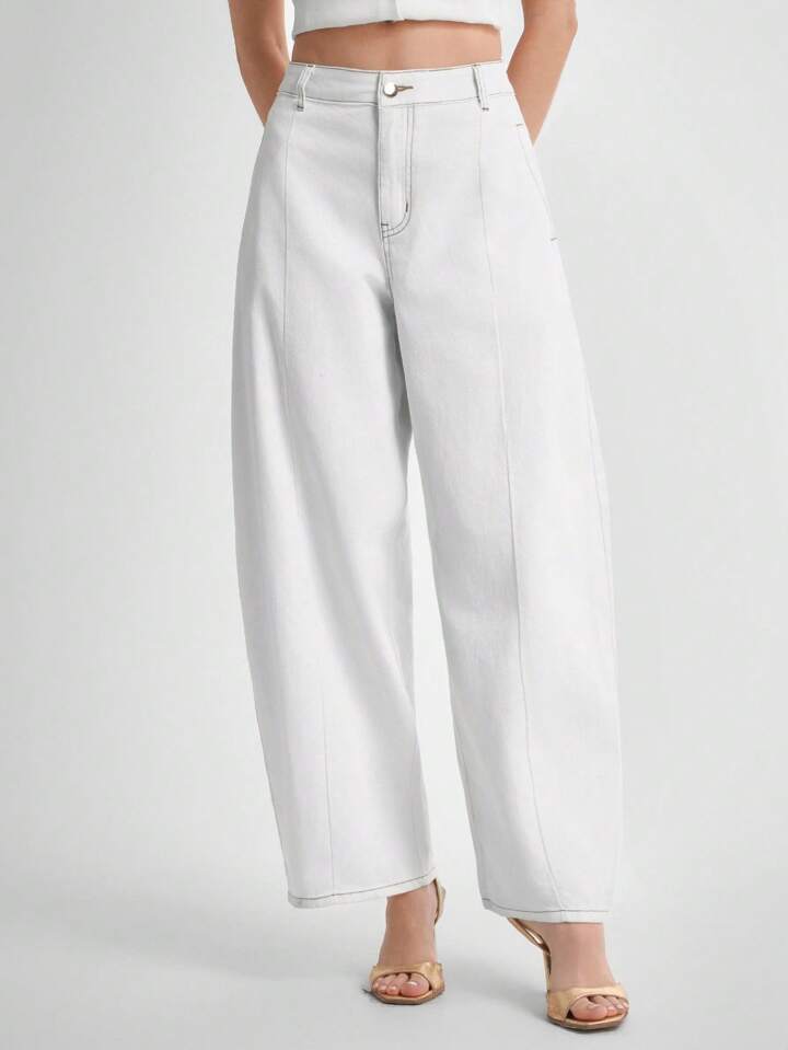 CM-BS811130 Women Casual Seoul Style High Waist Baggy Wide Leg Jeans - White