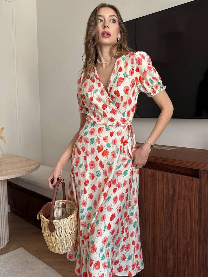 CM-DS348062 Women Trendy Bohemian Style V-Neck Puff Sleeve High Waist Floral Wrap Dress