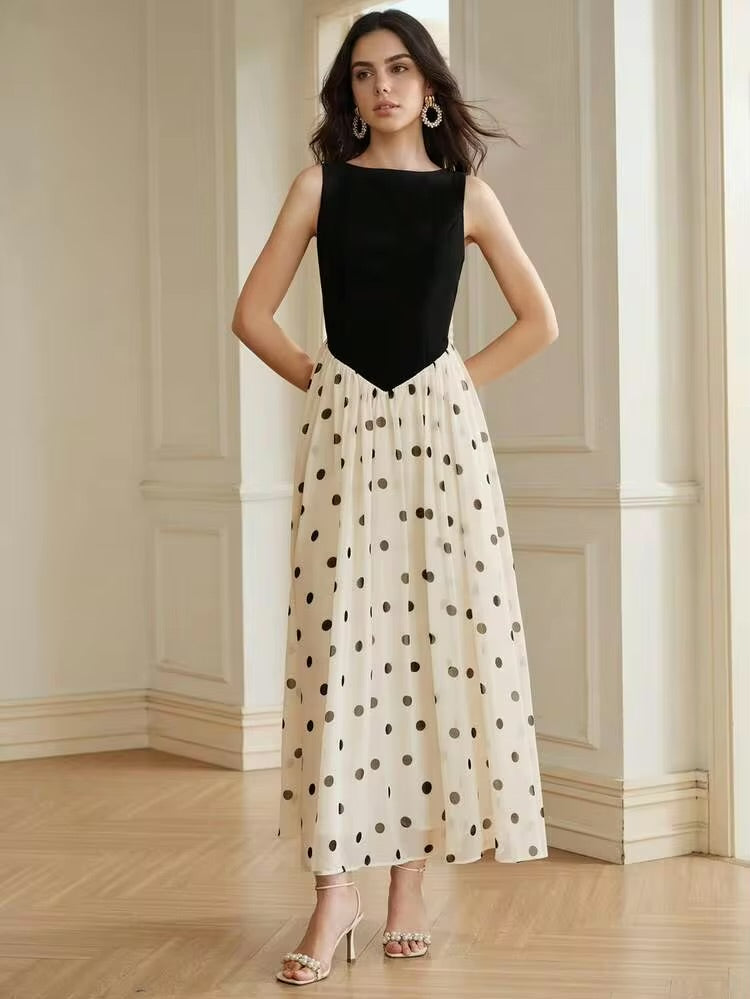 CM-DS474780 Women Elegant Seoul Style Boat Neck Sleeveless Polka Dot Print Patchwork Long Dress