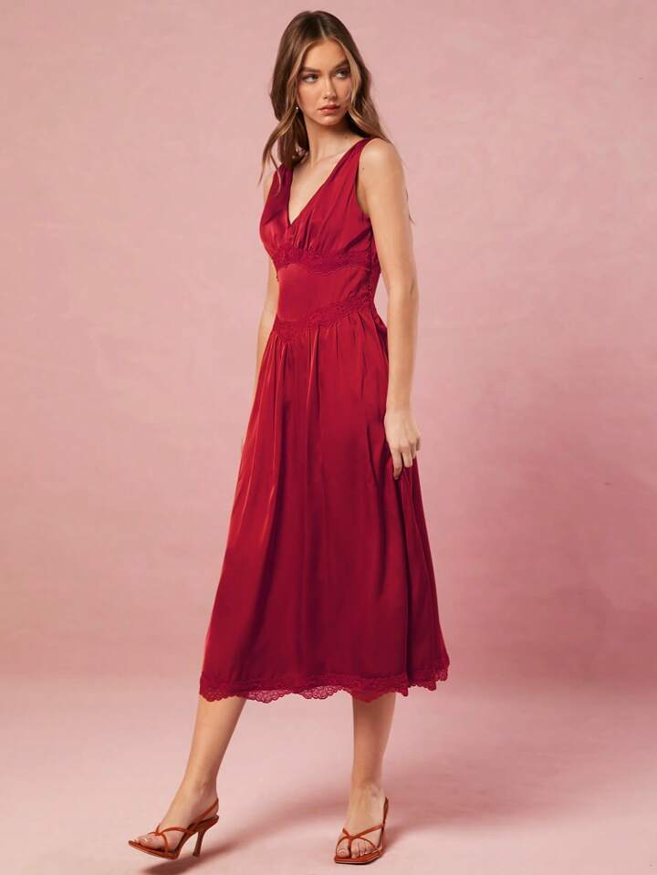CM-DS244034 Women Elegant Seoul Style V-Neck Sleeveless Lace Patchwork High Waist Midi Dress - Red