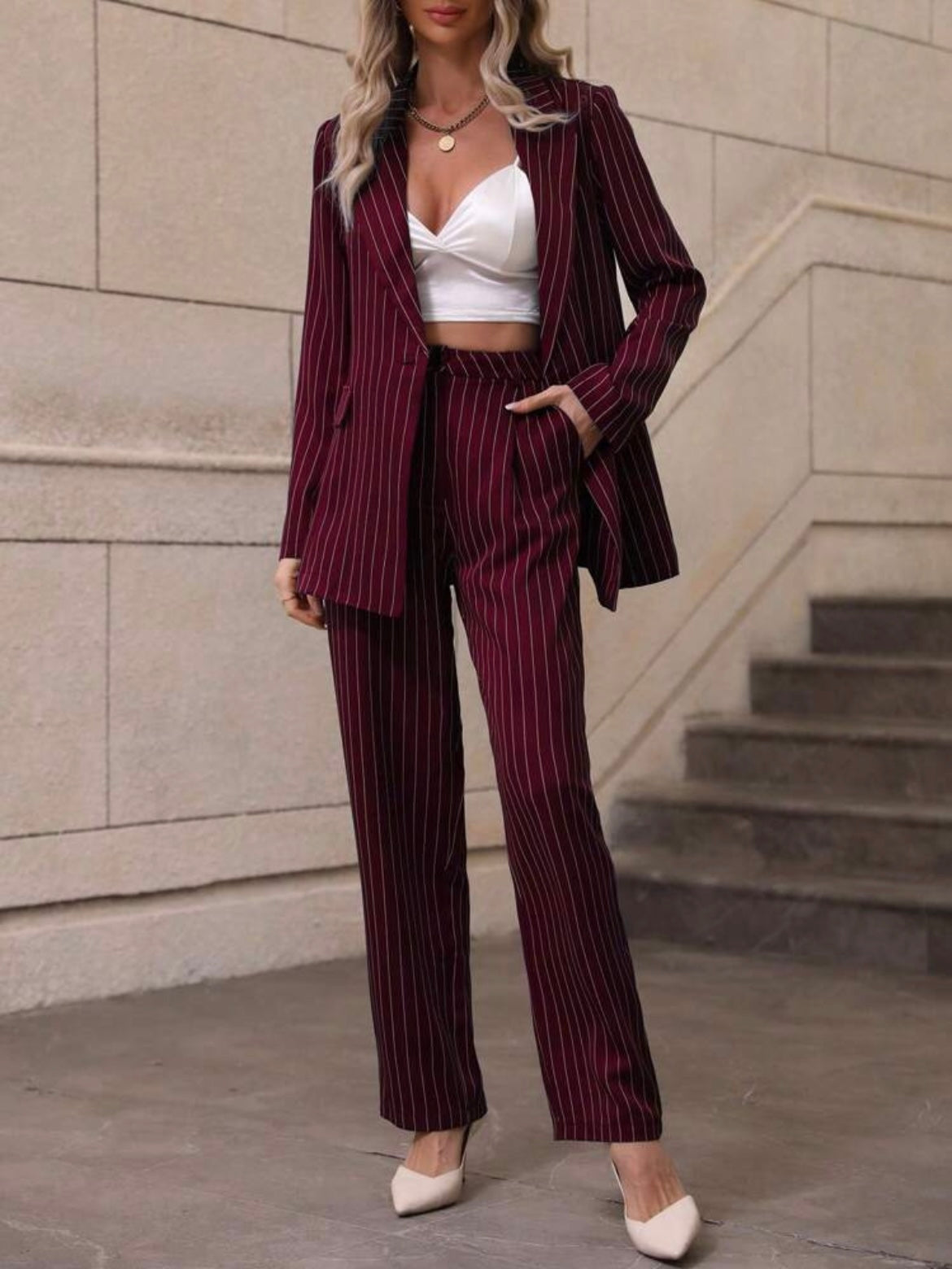 CM-SS510070 Women Elegant Seoul Style Striped Front Button Long Sleeve Blazer With Long Pants - Set