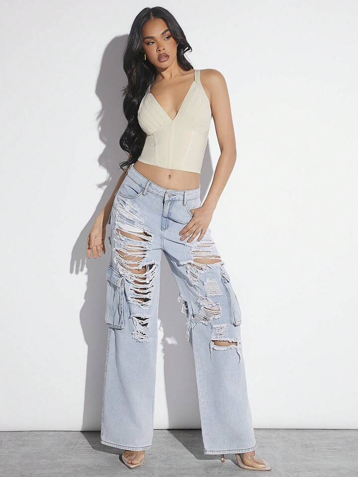 CM-BS658995 Women Casual Seoul Style Light Wash Distressed Buttoned Denim Pants With Pockets
