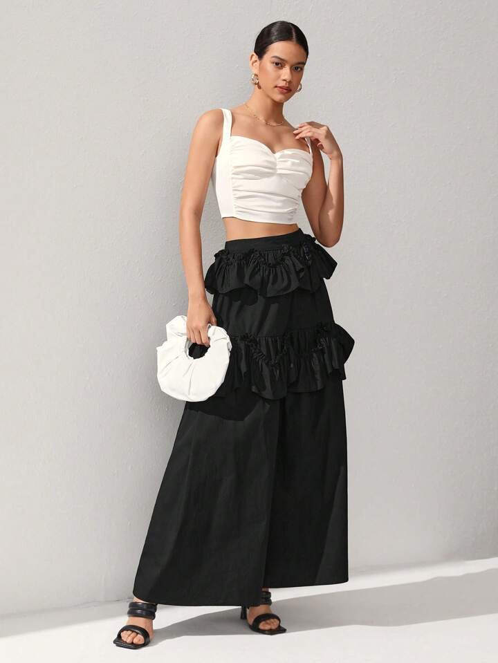 CM-BS230111 Women Casual Seoul Style High Waist Patchwork Ruffle Hem Skirt - Black