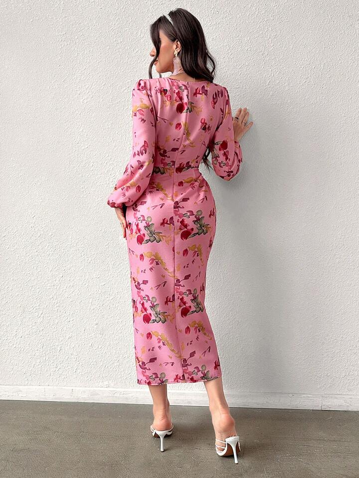 CM-DS851550 Women Casual Seoul Style V-Neck Button Down Long Sleeve Cinched Waist Dress - Pink