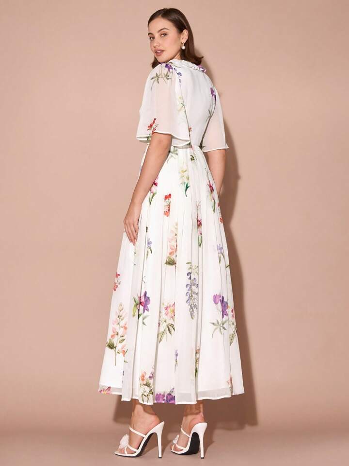 CM-DS117451 Women Elegant Seoul Style Round Neck Floral Pleated Hem Trumpet Short Sleeves Maxi Dress