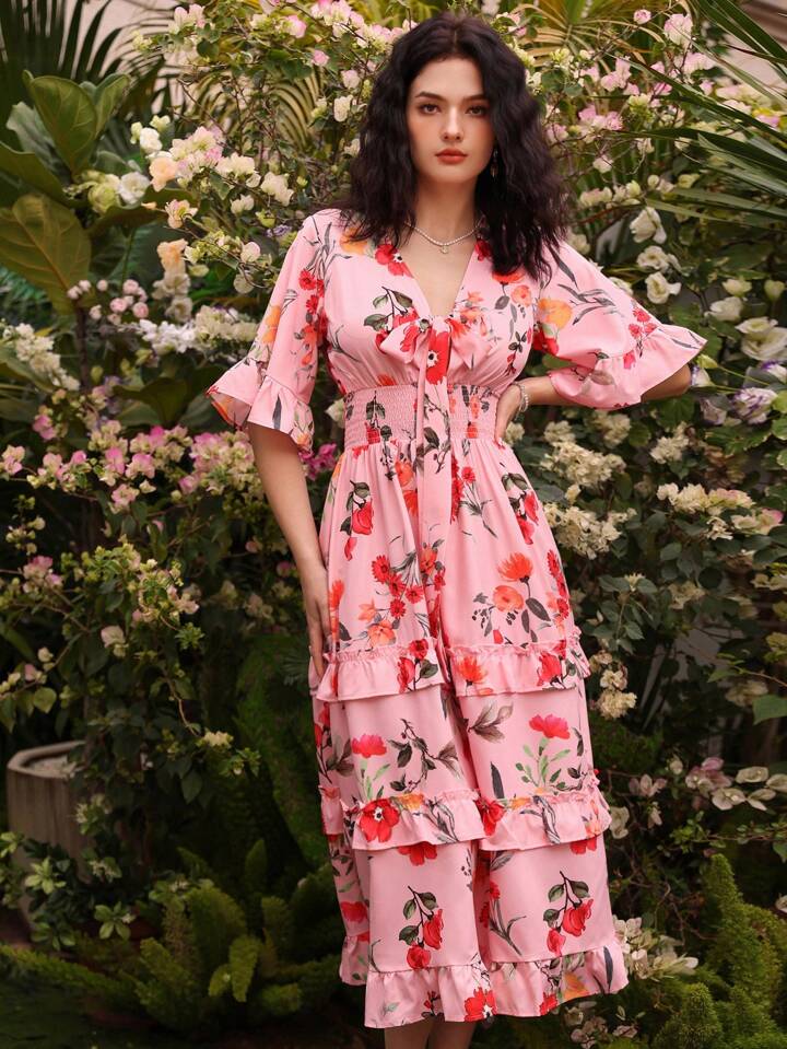 CM-DS211059 Women Trendy Bohemian Style Floral Print Ruffle Hem Shirred Cinching Waist Dress