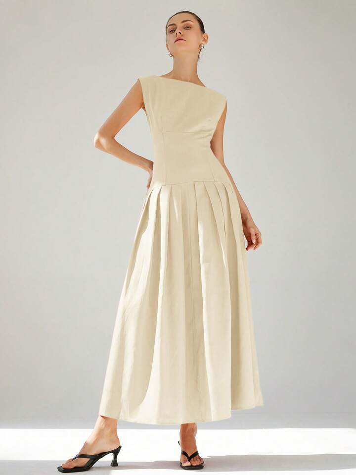CM-DS726755 Women Elegant Seoul Style Sleeveless Cinched Waist Low Waist Pleated Ruffle Hem Long Dress - Apricot