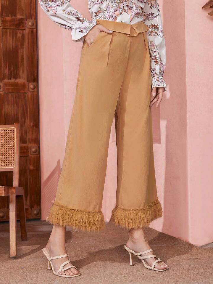 CM-BS199699 Women Elegant Seoul Style High-Waist Folded Waistband Frayed Hem Wide Leg Pants