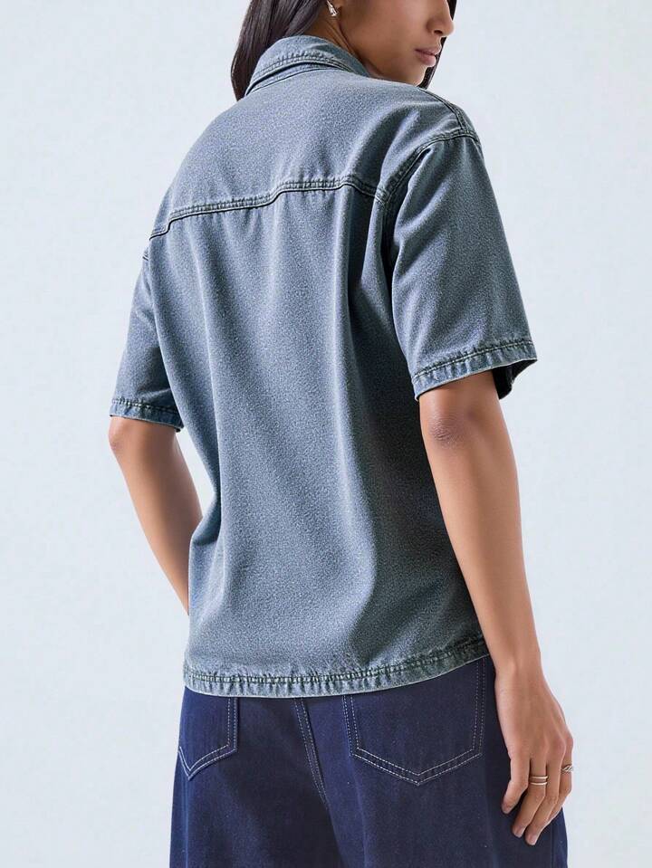 CM-TS285245 Women Casual Seoul Style Collar Neckline Short Sleeve Loose Button Pocket Rhinestone Denim Top - Blue