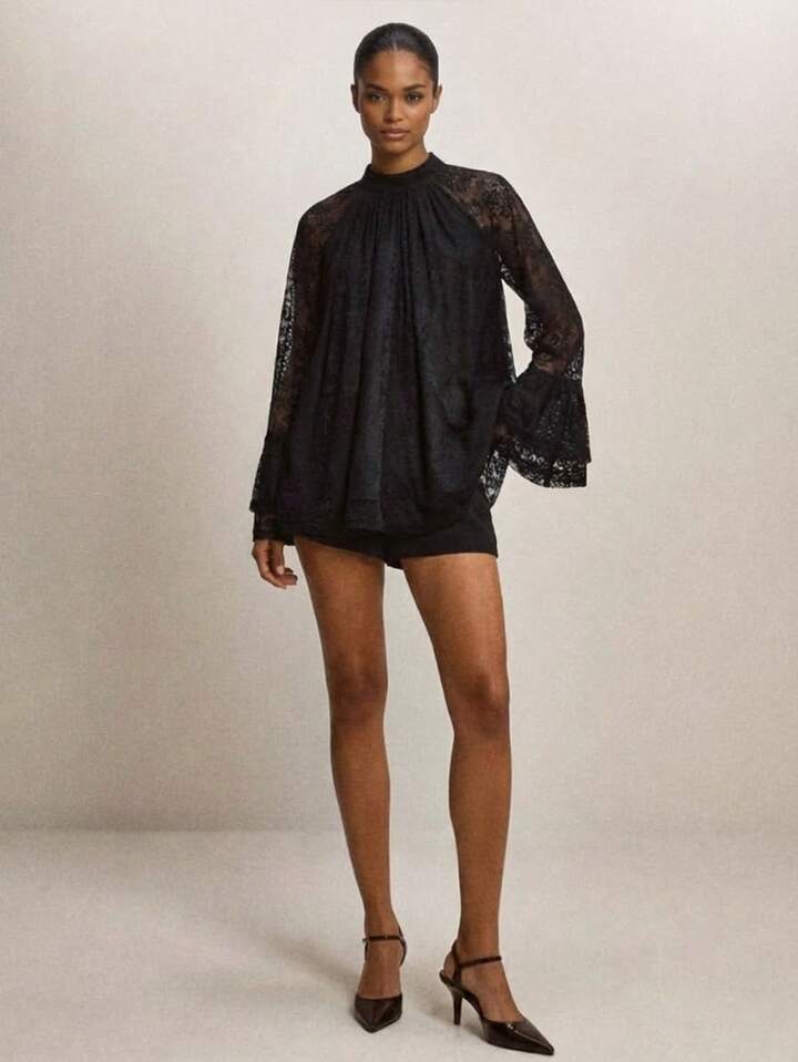 CM-TS633590 Women Elegant Seoul Style Stand Collar Lace Raglan Flare Sleeve Loose Blouse - Black