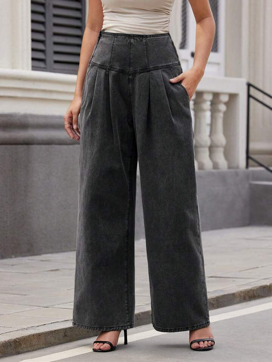 CM-BS141115 Women Casual Seoul Style High Waist Pleated Wide-Leg Jeans With Pockets - Black