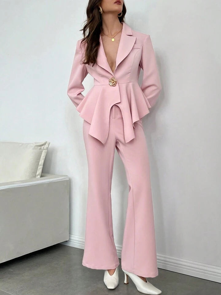 CM-SS888855 Women Elegant Seoul Style Lapel Neckline Asymmetrical Long Sleeve Blazer With Long Pant Suit - Baby Pink