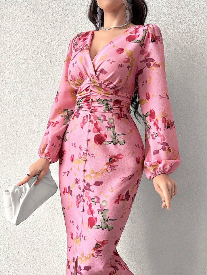 CM-DS851550 Women Casual Seoul Style V-Neck Button Down Long Sleeve Cinched Waist Dress - Pink