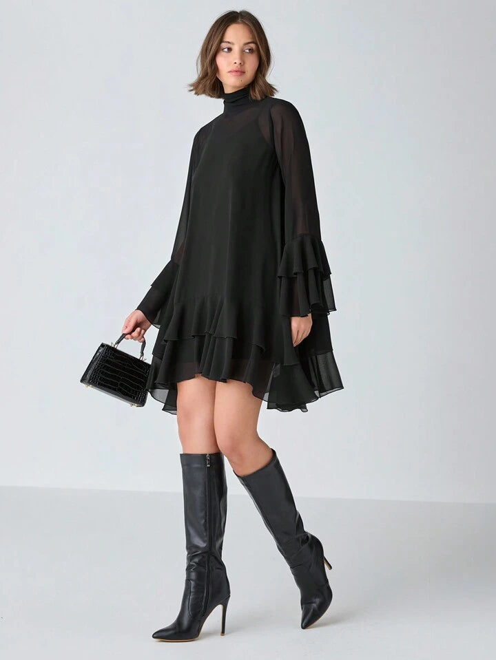 CM-DS399818 Women Elegant Seoul Style Solid Stand Collar Long Sleeve High Waist A-Line Dress - Black