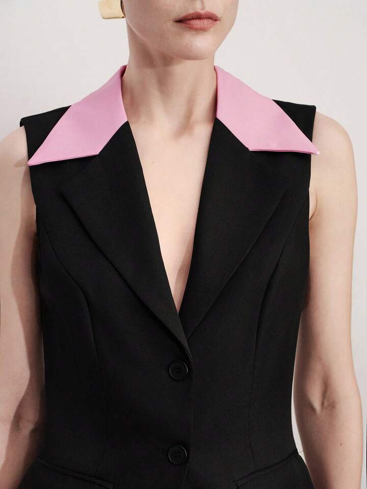 CM-CS074508 Women Elegant Seoul Style Lapel Neckline Sleeveless Contrast Waist Sleeveless Blazer Vest - Black
