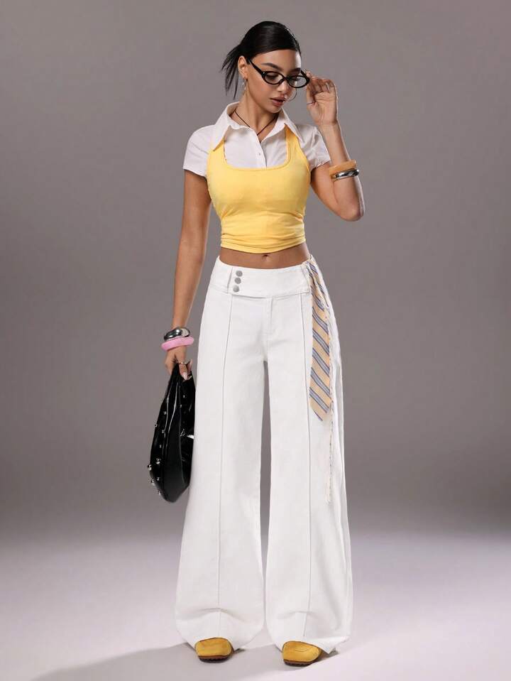 CM-BS569859 Women Casual Seoul Style Mid Waist Extra Long Wide Leg Denim Jeans - White
