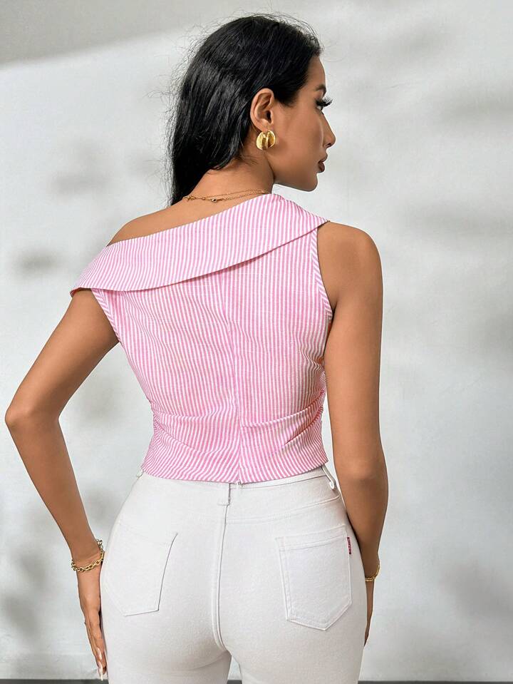 CM-TS604187 Women Casual Seoul Style Asymmetrical Neckline Striped Print Sleeveless Shirt - Pink