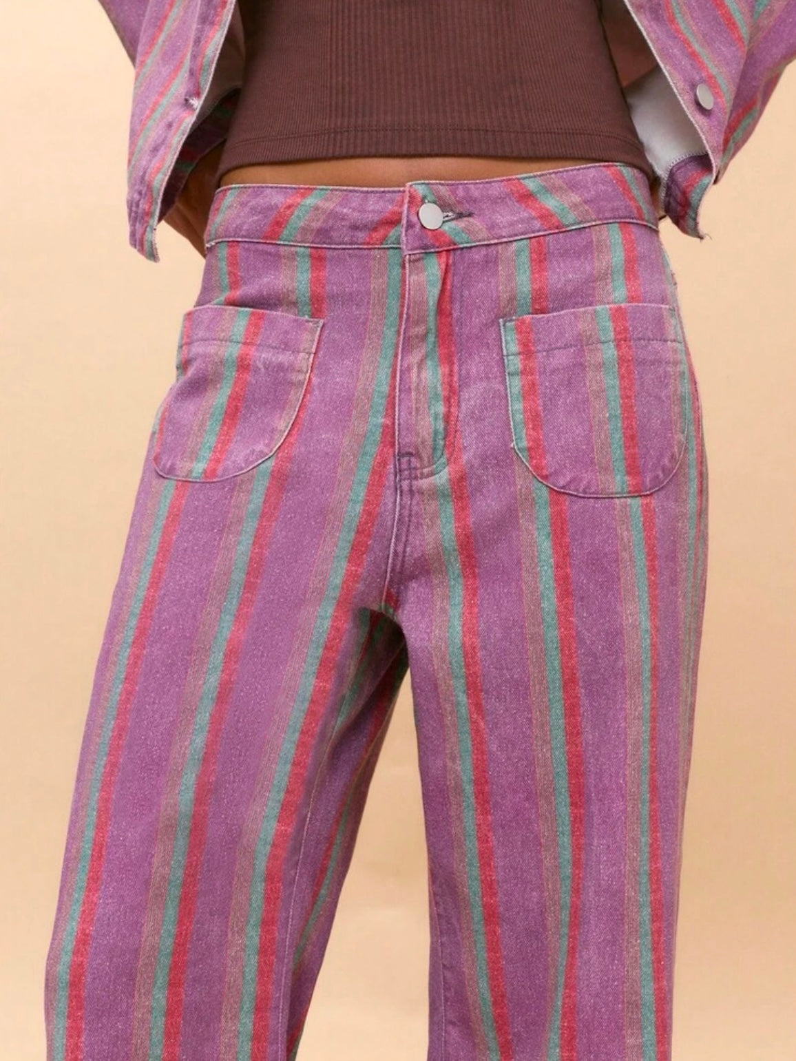CM-BS163620 Women Elegant Seoul Style High Waist Patch Pockets Striped Extra Long Wide-Leg Trousers