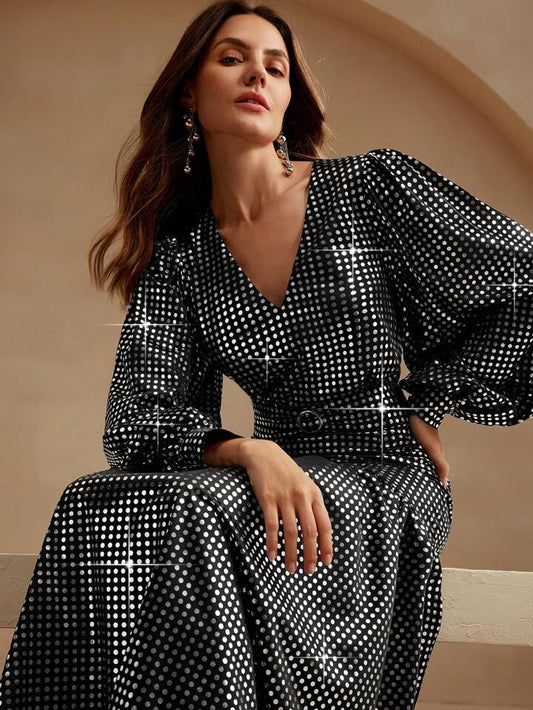 CM-DS106765 Women Elegant European Style V-Neck Long Sleeve High Waist A-Line Maxi Dress - Black