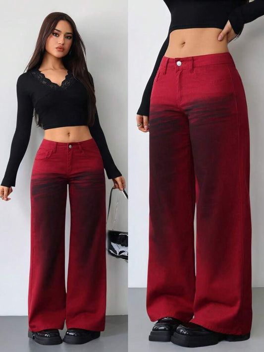 CM-BS522457 Women Casual Seoul Style Low Rise Jeans Dirty Vintage Wide Leg Jeans - Burgundy