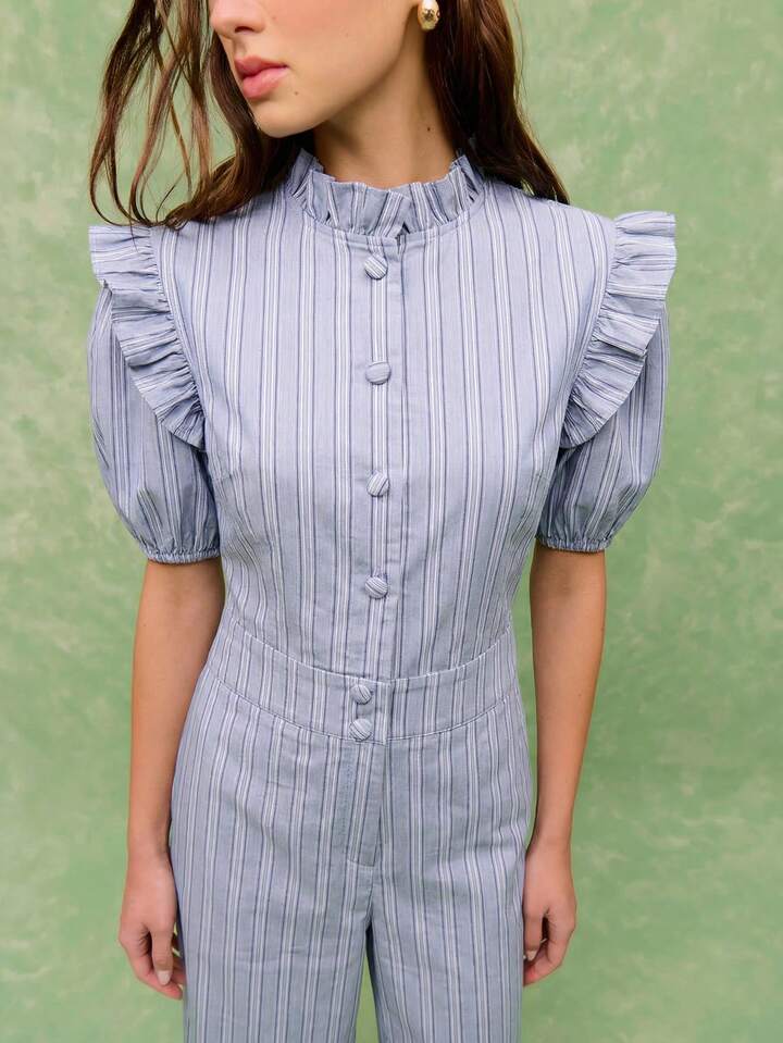 CM-JS373559 Women Casual Seoul Style Ruffled Collar Puff Sleeve Wide Leg Pinstripe Jumpsuit - Blue