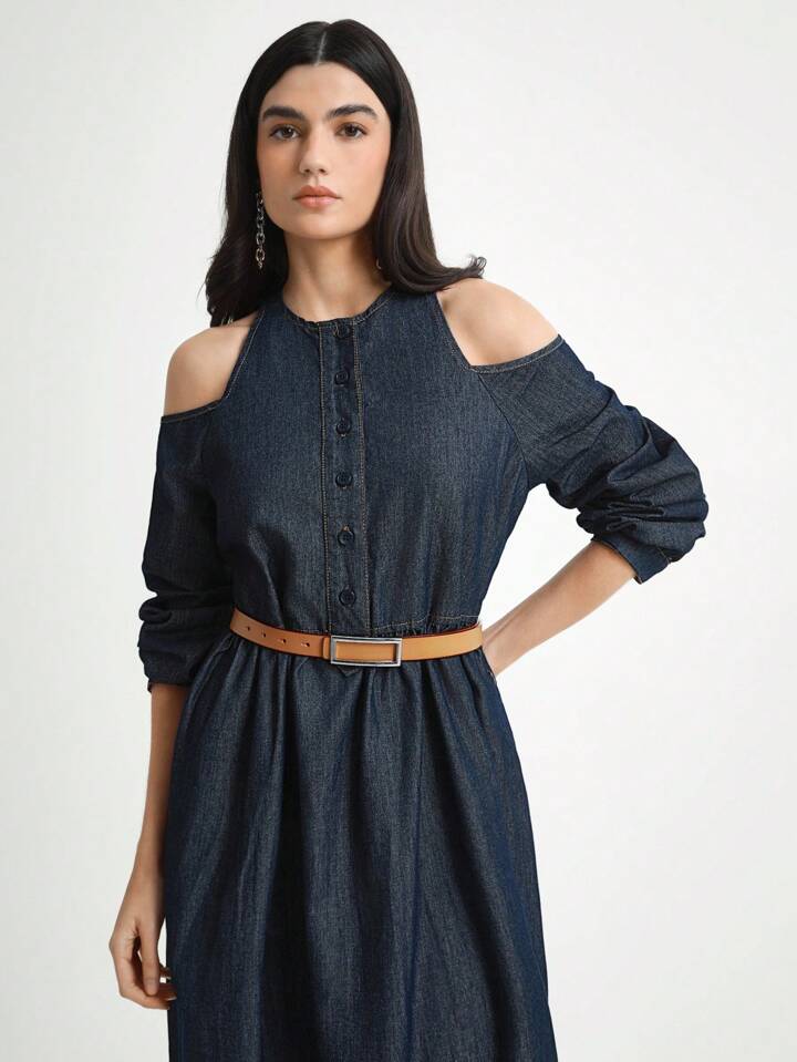 CM-DS377584 Women Casual Seoul Style Dark Wash Round Neck Lantern Sleeve A-Line Denim Dress