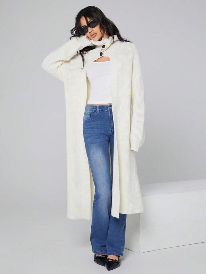 CM-CS067304 Women Casual Seoul Style Solid Color Drop Shoulder Long Sleeve Cardigan - Apricot