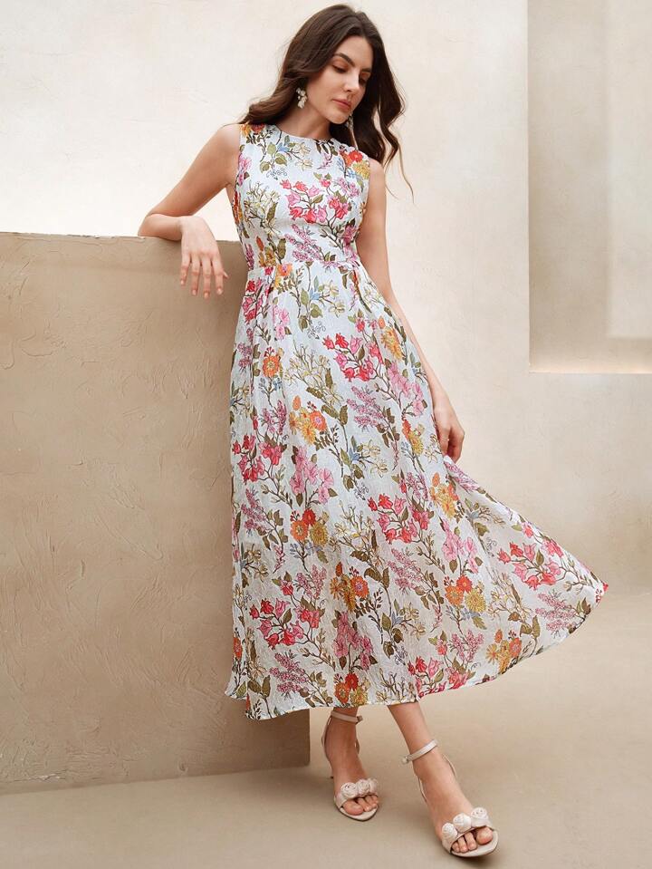 CM-DS288882 Women Elegant Seoul Style High-Quality Round Neck Floral Printed Sleeveless Long Dress