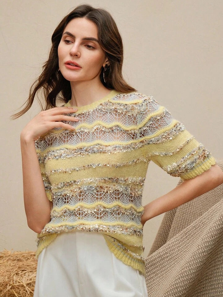 CM-CS923633 Women Elegant Seoul Style Hollow Out Design Round Neck Short Sleeve Knit Sweater - Yellow