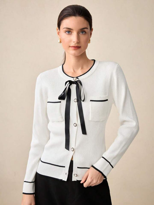 CM-CS945558 Women Casual Seoul Style White Bow Accent Contrast Collar Long Sleeve Cardigan