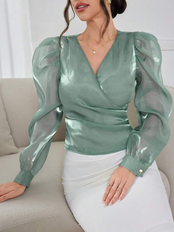 CM-TS542789 Women Elegant Seoul Style Solid Color V-Neck Puff Sleeve Wrap-Around Shirt - Green