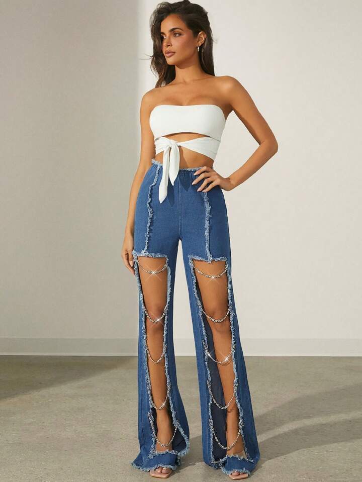 CM-BS616056 Women Casual Seoul Style Medium Wash Patchwork Frayed Chain Design Ripped Jeans