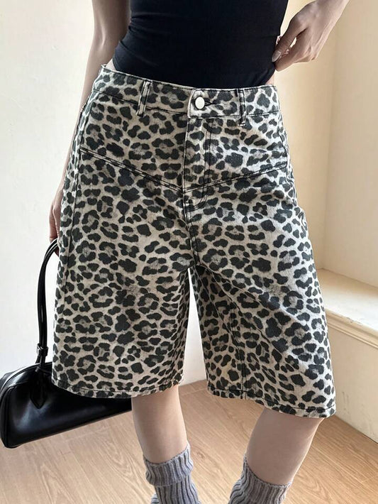 CM-BS269781 Women Casual Seoul Style Mid Waist Print Loose Bermuda Denim Shorts - Brown