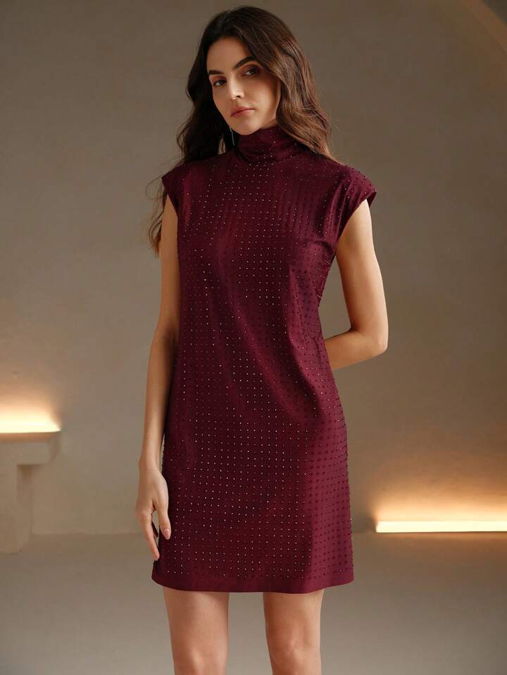 CM-DS879796 Women Elegant Seoul Style High Neck Stud-Embellished Woven Mini Dress - Burgundy