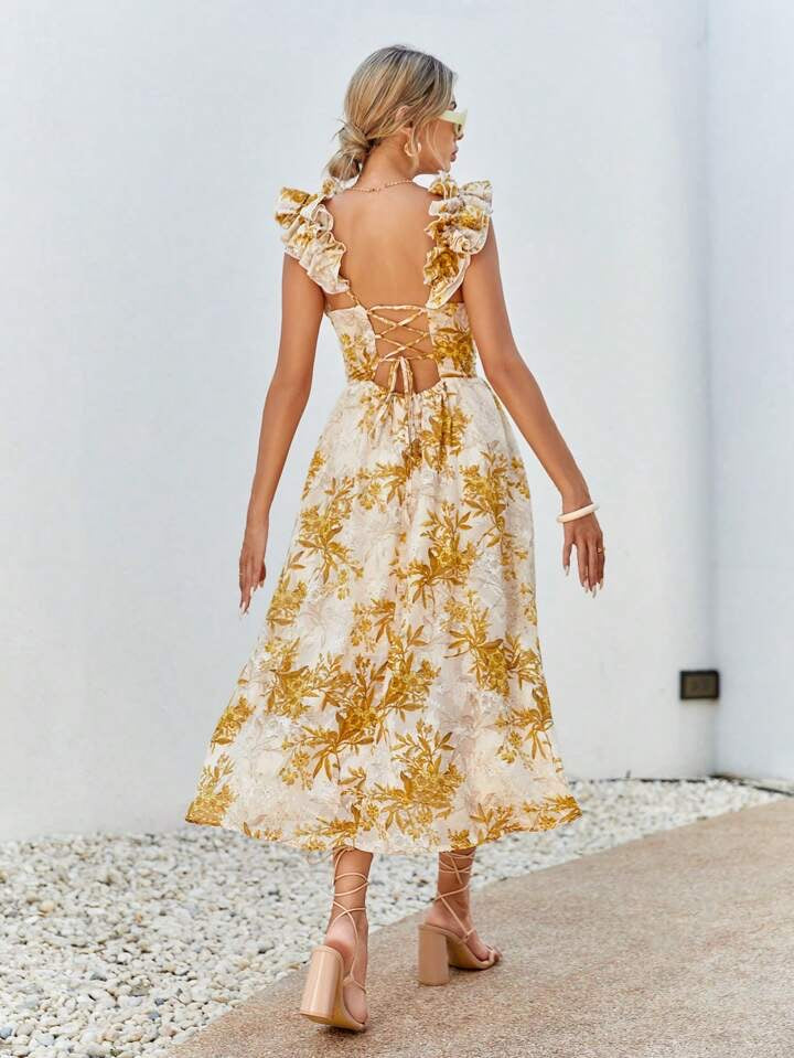 CM-DS942809 Women Trendy Bohemian Style Plant Printed Spaghetti Strap A-Line Dress