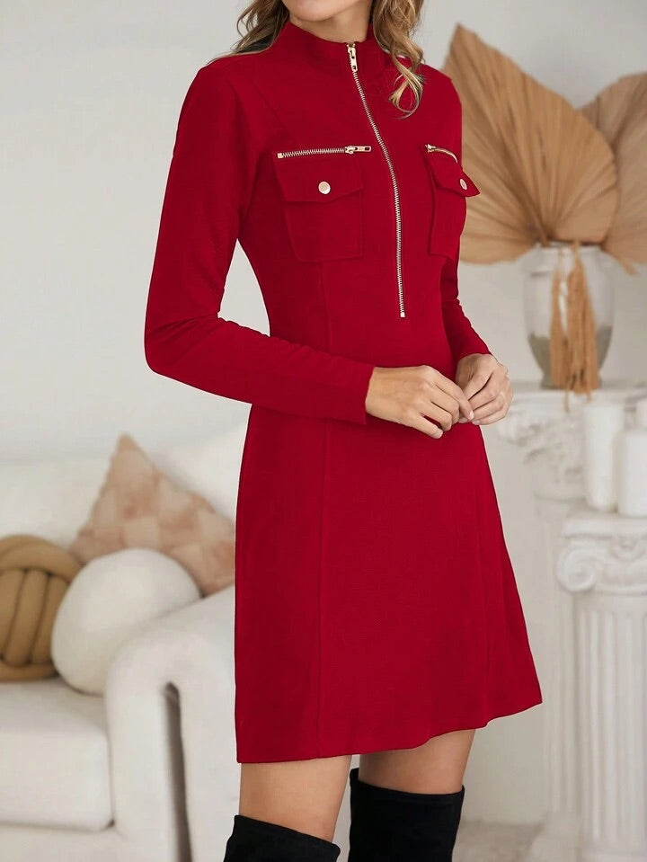 CM-DS287055 Women Elegant Seoul Style Stand Collar Zip Front Flap Pocket Dress - Red