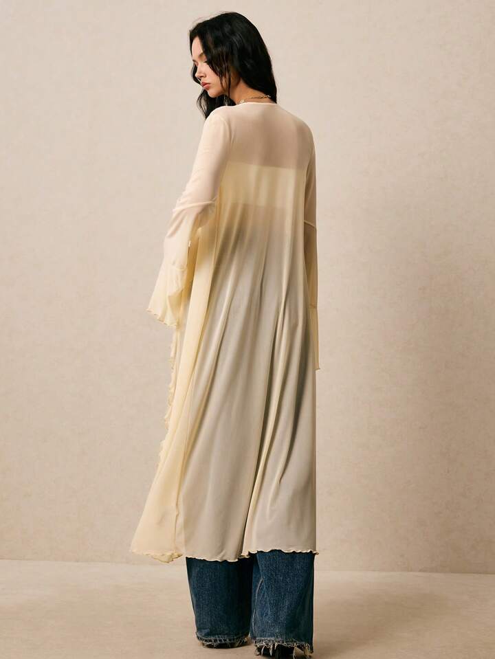 CM-TS834204 Women Casual Seoul Style Solid Color Ruffle Mesh Flare Sleeve Front Tie Long Shirt - Apricot