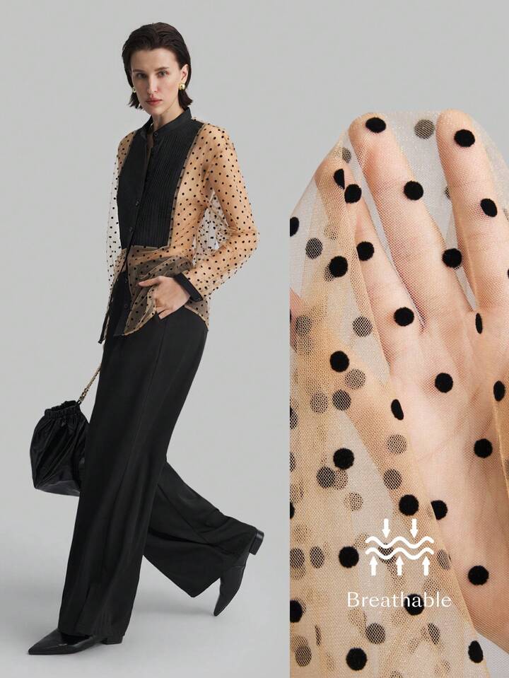 CM-TS897928 Women Elegant Seoul Style Dot Splicing Long Sleeve Semi-Sheer Blouse - Black
