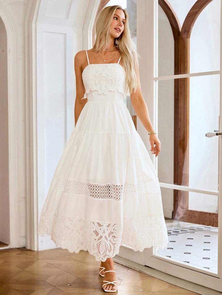 CM-DS338494 Women Trendy Bohemian Style Spaghetti Strap Hollow Out Lace Dress - White