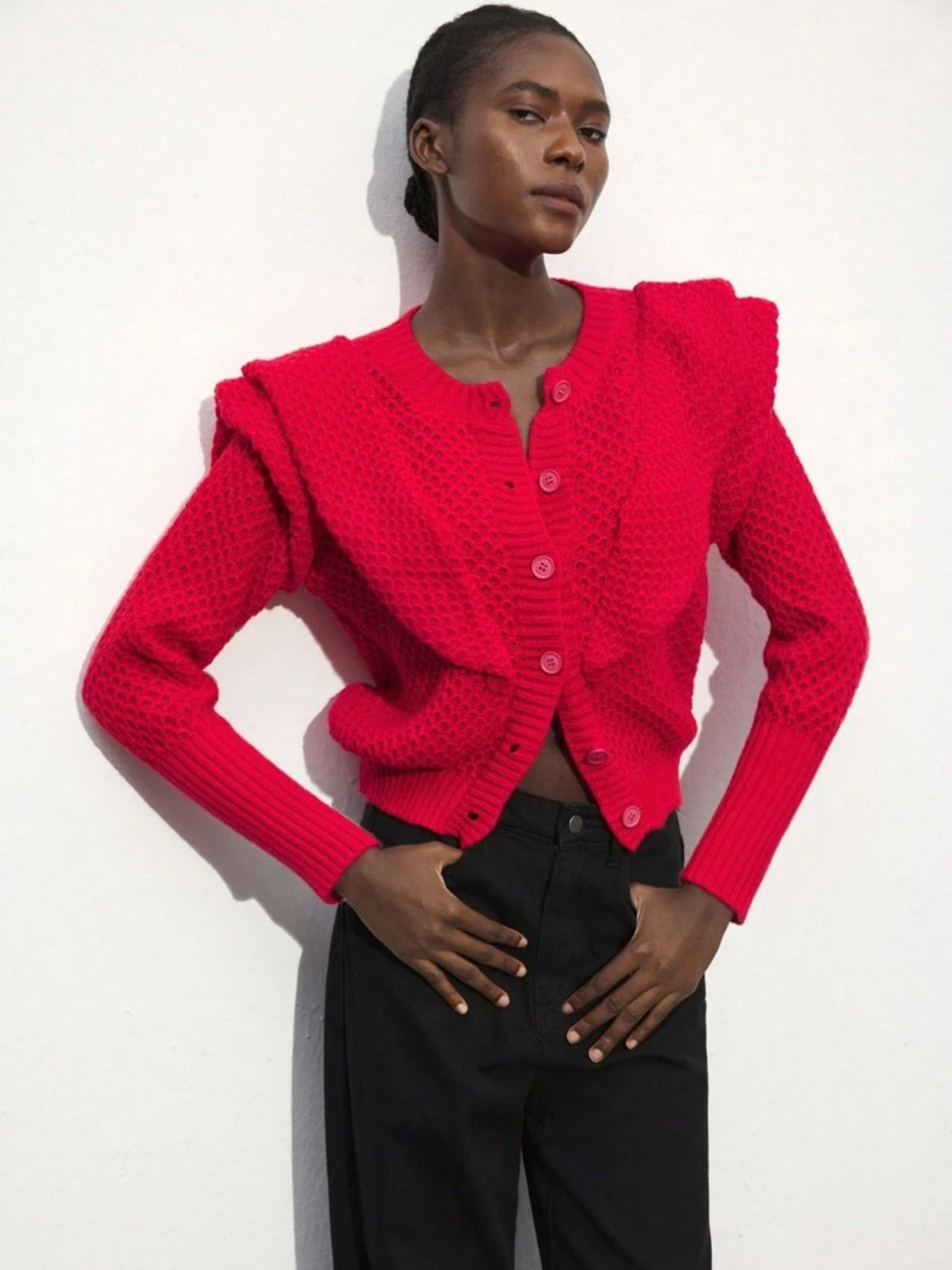 CM-CS833679 Women Casual Seoul Style Lace Patchwork Long Sleeve Cardigan Sweater - Red