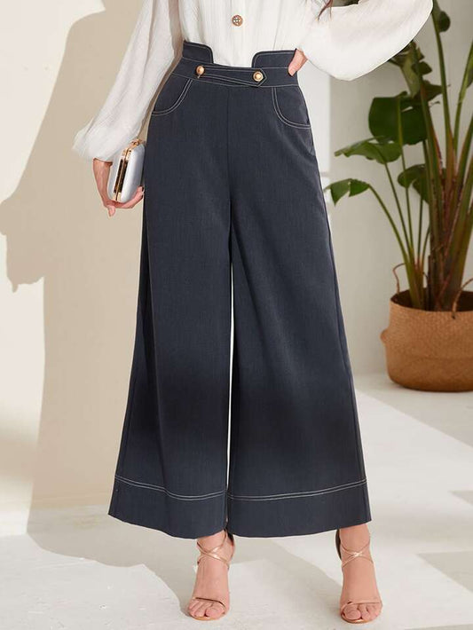 CM-BS430352 Women Elegant Seoul Style High Waist Top-Stitching Wide Leg Pants - Dark Gray