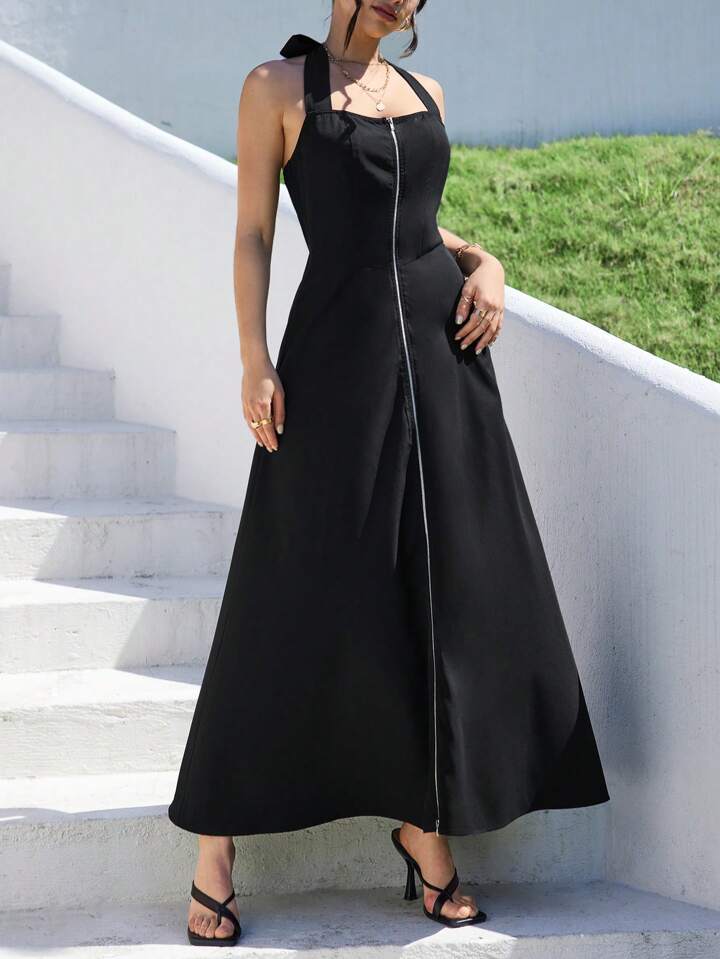CM-DS211350 Women Casual Seoul Style Sleeveless Halter Neck Zipper Front A-Line Long Dress - Black