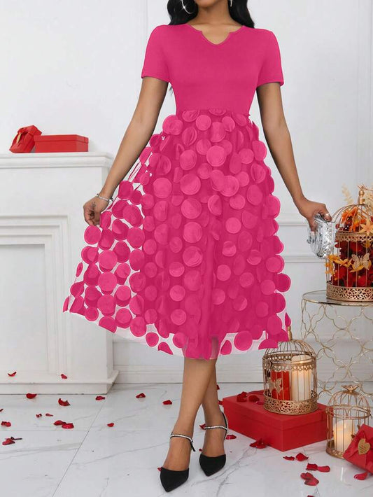 CM-DS399795 Women Casual Seoul Style Embroidery Mesh Splice Short Sleeve Tied Waist Dress - Hot Pink