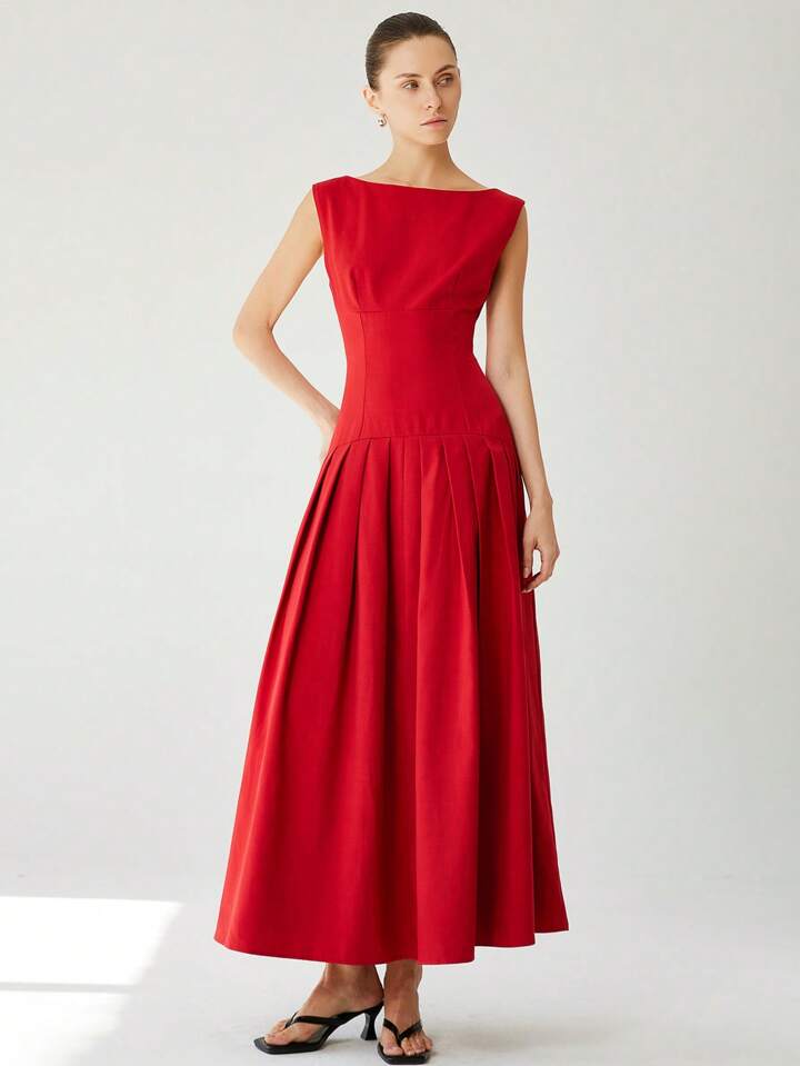 CM-DS552576 Women Elegant Seoul Style Sleeveless Cinched Waist Low Waist Pleated Ruffle Hem Long Dress - Red