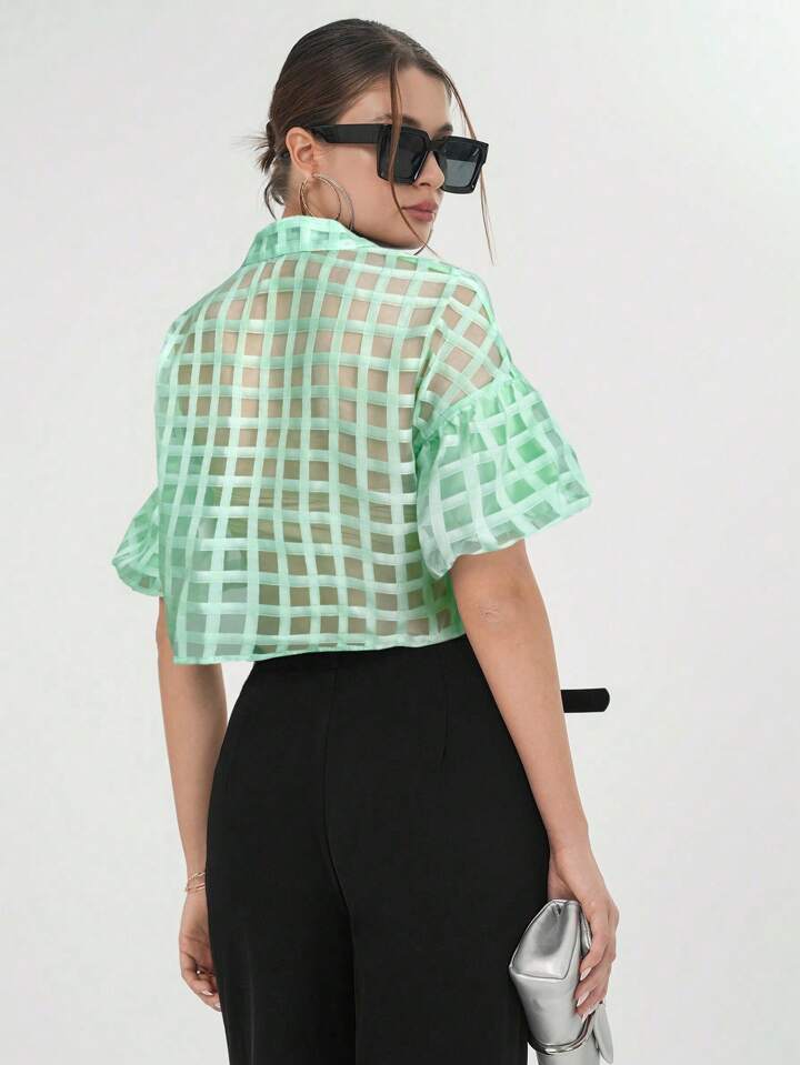 CM-TS600039 Women Casual Seoul Style Plaid Mesh Drop Shoulder Crop Shirt - Mint Green